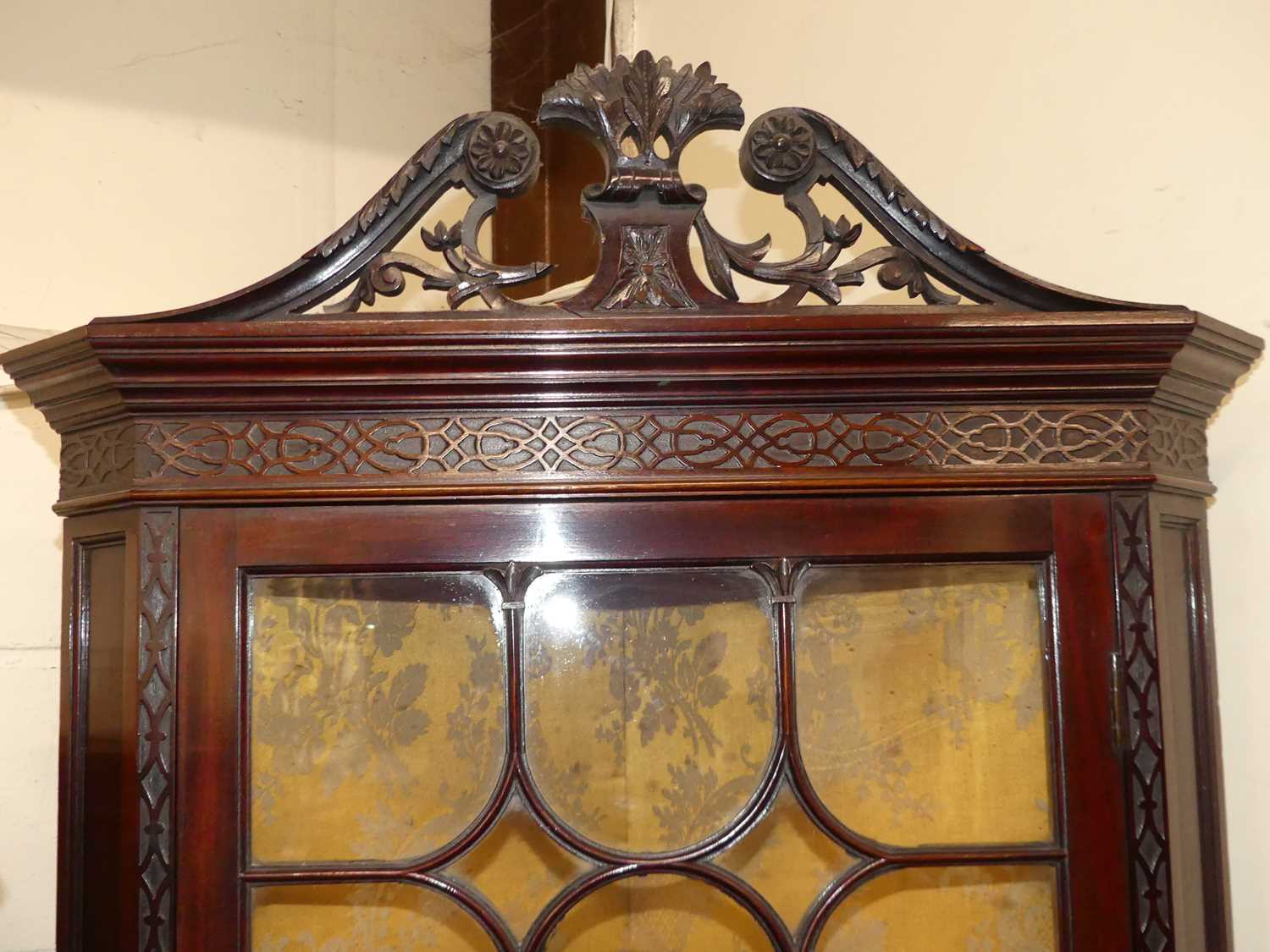 A circa 1900 Chippendale Revival floral fret carved mahogany corner cupboard, having glazed upper - Image 2 of 5