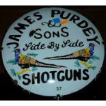 A convex enamel advertising sign for James Purdey & Son Shotguns, dia.29cm