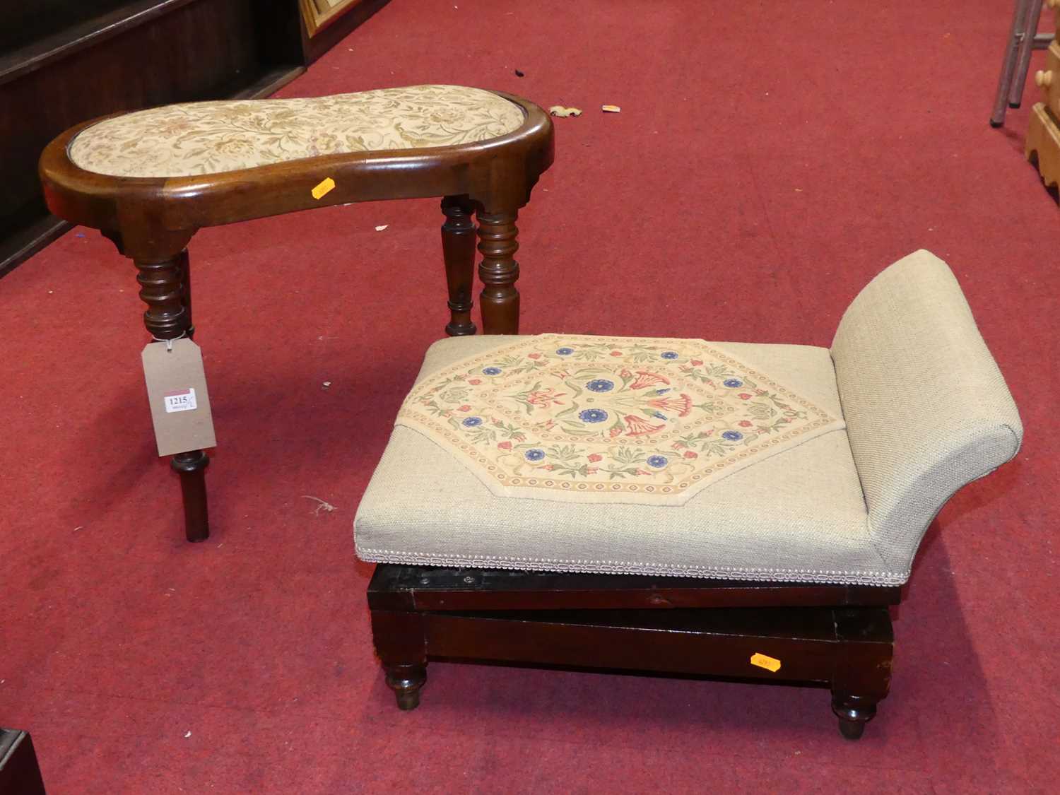 A Victorian mahogany kidney shaped dressing stool, having floral needlework inset top on ring turned