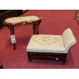 A Victorian mahogany kidney shaped dressing stool, having floral needlework inset top on ring turned