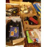 Five boxes of mixed 00 and 0 gauge lineside accessories, track, spare parts etc to include Hornby,