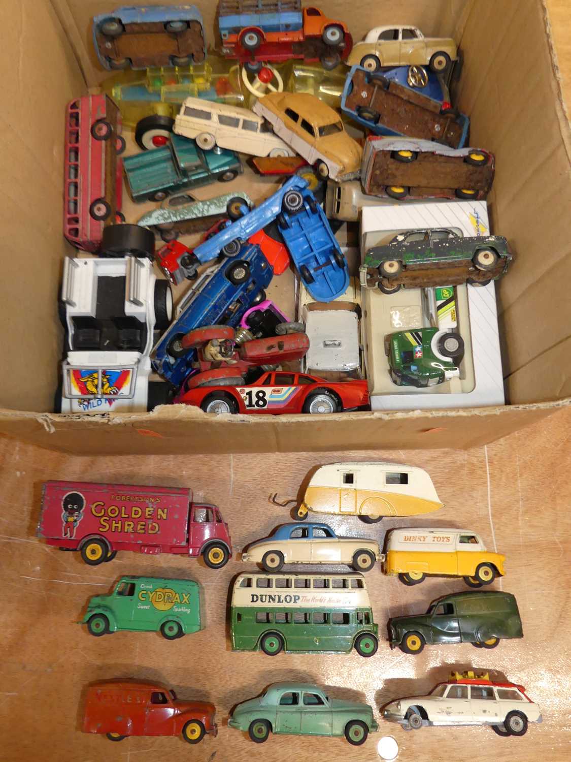 A box of mixed playworn and repainted diecast vehicles, to include Dinky Toys