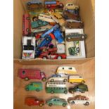 A box of mixed playworn and repainted diecast vehicles, to include Dinky Toys