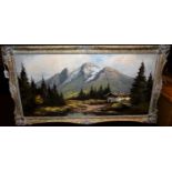 Naujock (Swiss) - Alpine scene, oil on canvas, 40 x 80cm