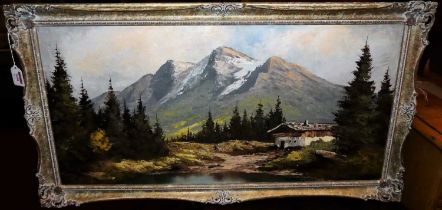 Naujock (Swiss) - Alpine scene, oil on canvas, 40 x 80cm
