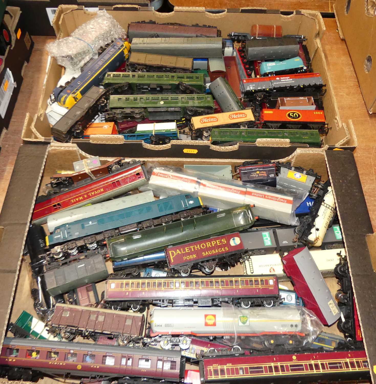 Two boxes from a collection of mixed 00 gauge railways to include Hornby, Bachmann, some kit built