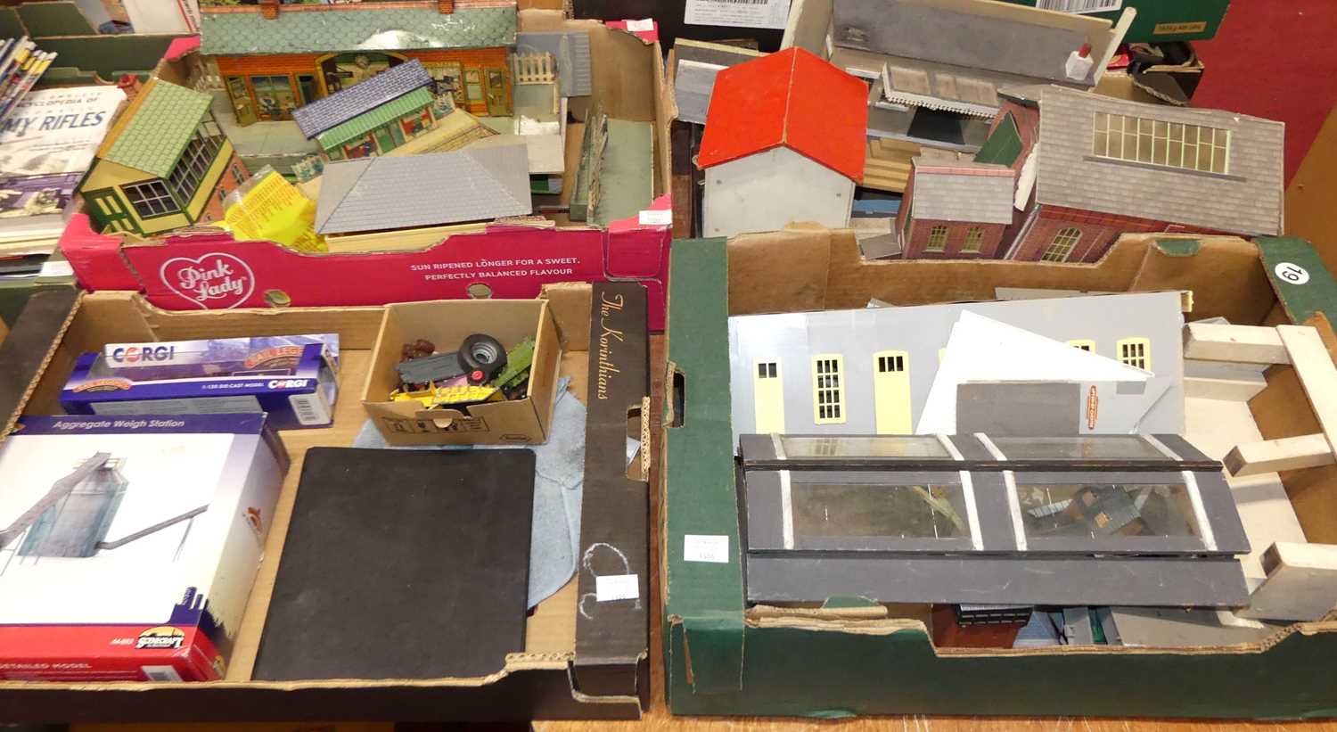 Five boxes of mixed 0 gauge, 00 gauge, lineside accessories, buildings, modelling equipment etc to