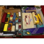 Two boxes of mixed playworn diecast vehicles, boxed models etc to include a Corgi No. 1104 Carrymore