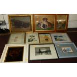 A box of assorted pictures and prints, to include Clipper Ship on the calm oil on canvas,
