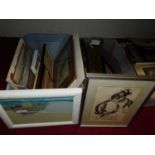 Two boxes of assorted pictures and prints, to include amateur unframed oil on canvas
