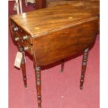 An early 19th century mahogany drop-flap two drawer work table, on ring turned supports