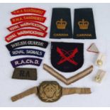 A collection of military insignia, to include cloth shoulder titles for R.M.A. Sandhurst, Royal