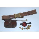 A WW I brown stitched leather belt pouch, stamped to the loop Leatheries Ltd 1916, together with a