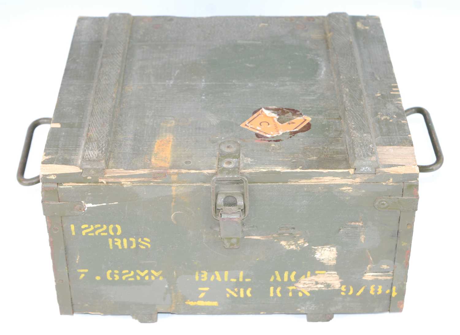 A wooden russian 7.62mm short ammunition box, together with two green painted aluminium boxes,