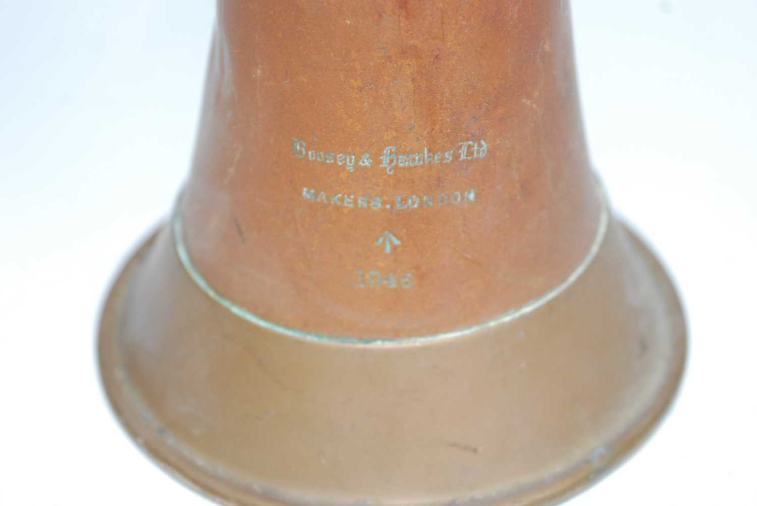 A post WW II copper and brass bugle, stamped Boosey & Hawkes Ltd Makers, London, 1946, with War - Image 2 of 2