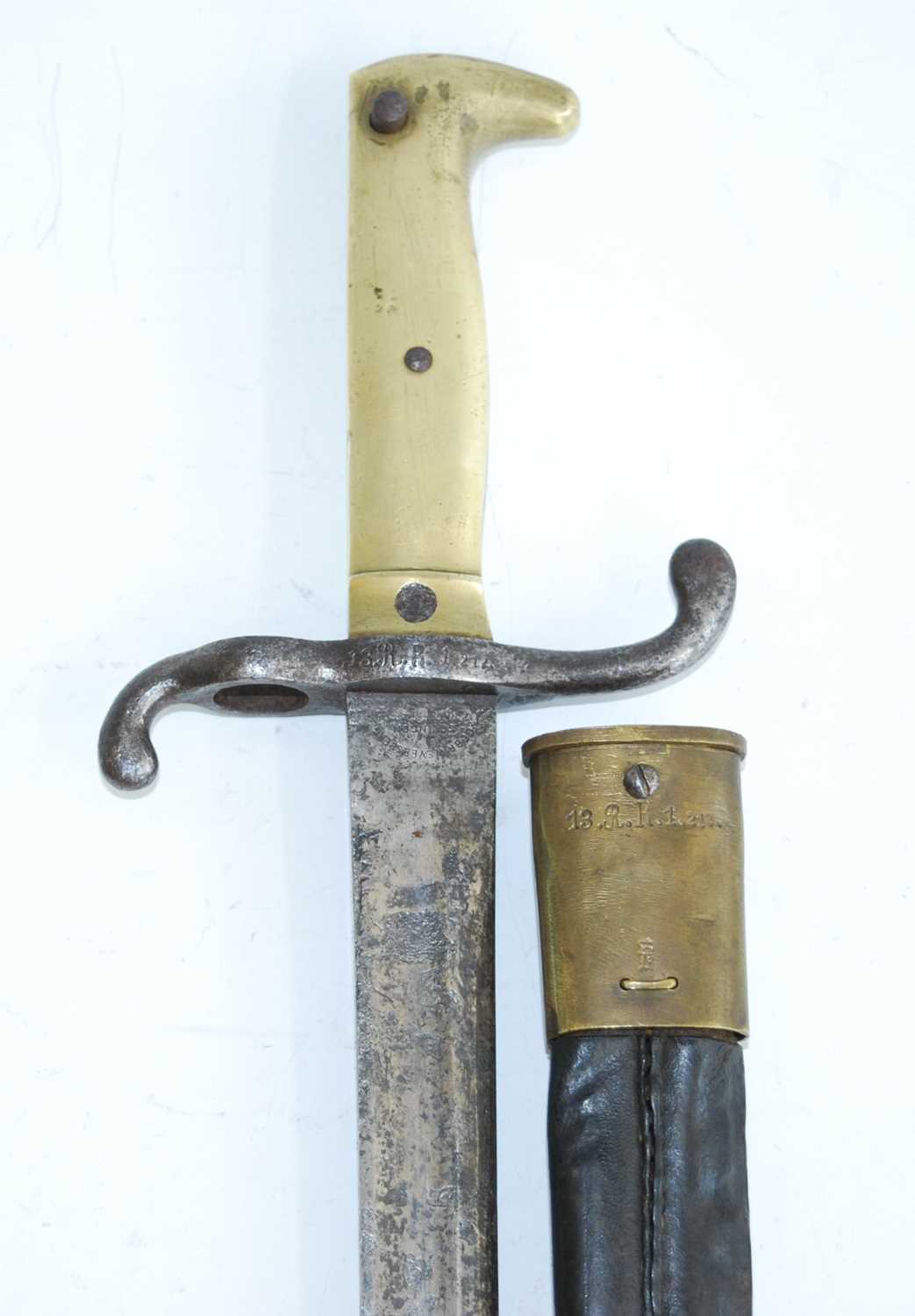 An Imperial German M1871 bayonet, the 46.5cm straight fullered blade marked to the forte Gebr