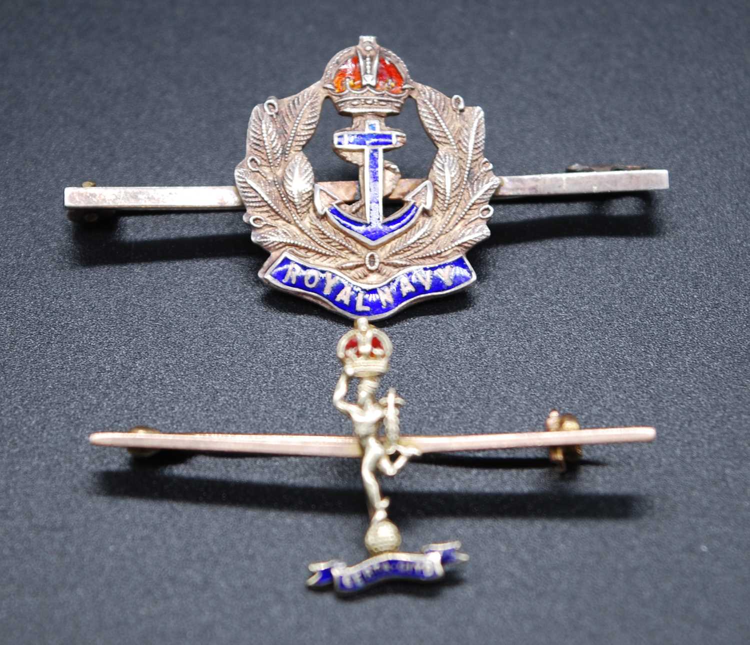 A 9ct gold and enamelled sweetheart brooch for The Royal Signals Corps, 44mm, together with a silver