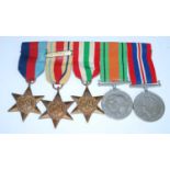 A group of five WW II medals, to include Italy Star, Africa Star with 8th Army clasp, 1939-1945