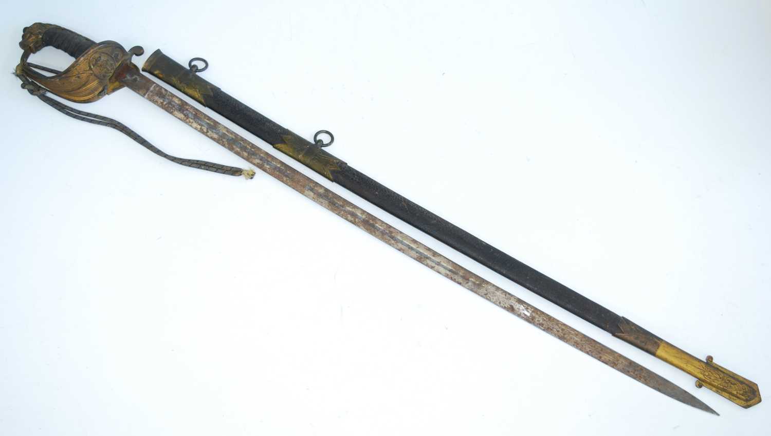 A British 1827 pattern Naval Officer's sword, having an 82cm slightly curved fullered blade the