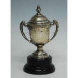 A George V silver trophy cup and cover, the domed cover with embossed finial, the body with leaf