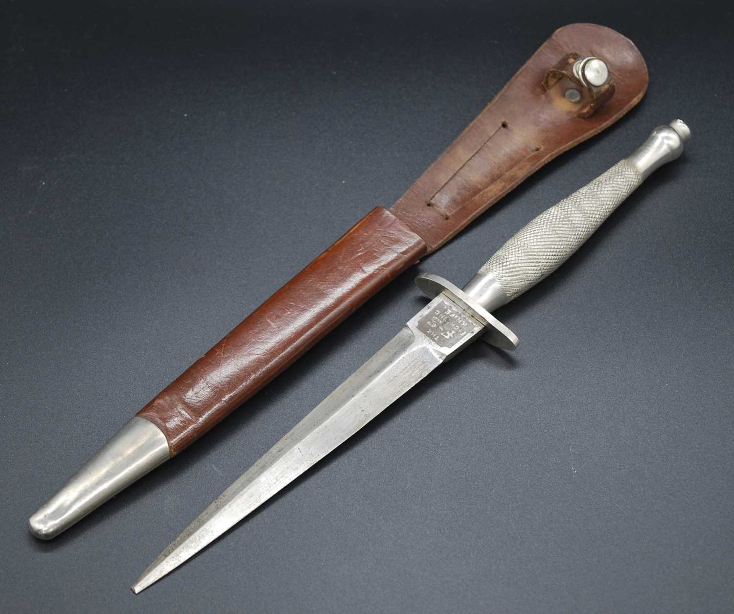 A Fairbairn-Sykes 1st Pattern Commando fighting knife, the 16.5cm double edged spear-point blade (