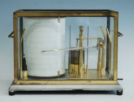 A mid-20th century marine barograph, having a clockwork drum and brass mechanism engraved to the