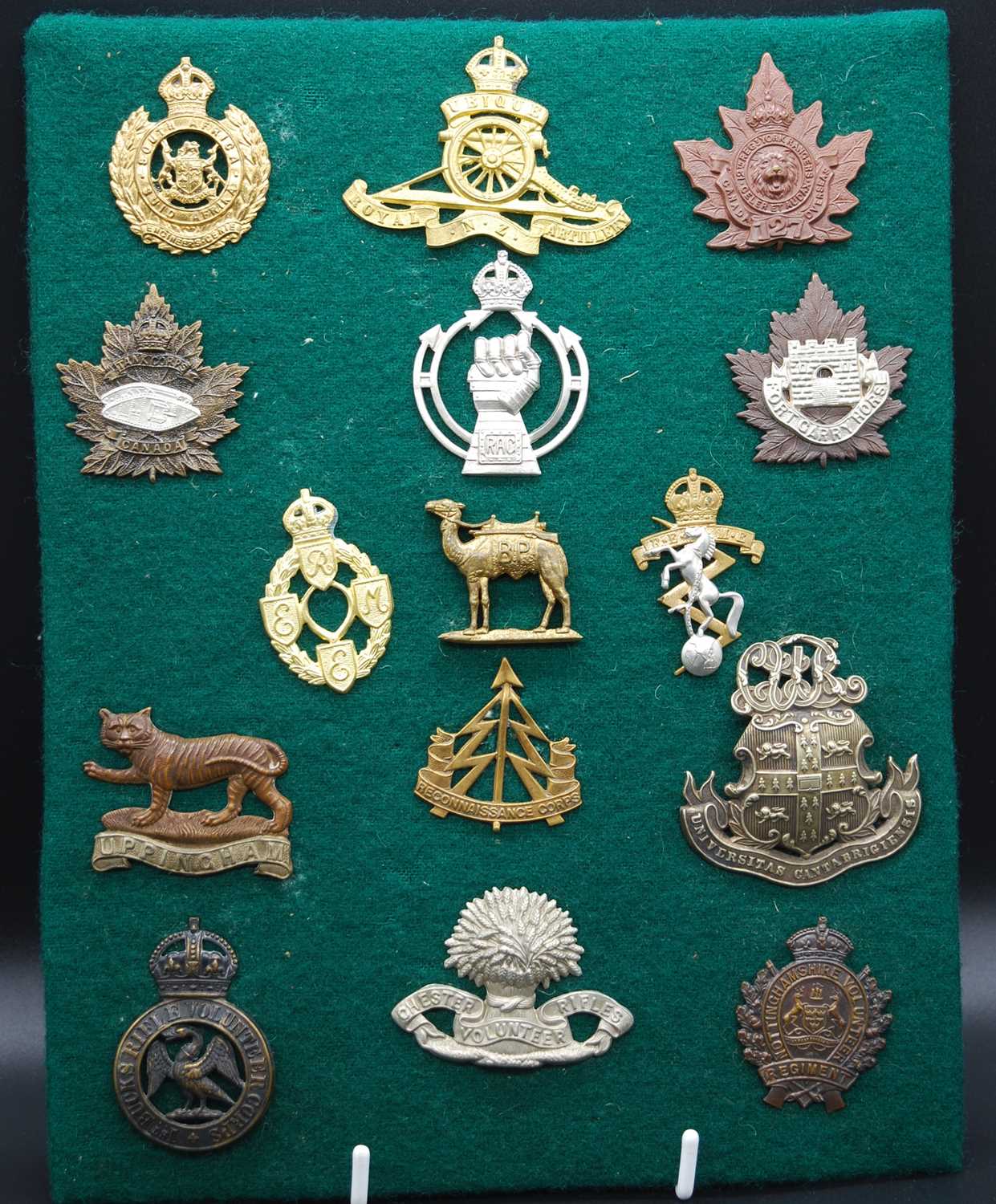 A collection of cap badges mainly being British, Canadian, New Zealand and South African Regiments