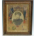 A WW I print, the central portrait surmounted by a crown with For King & Country, flanked by flags