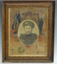 A WW I print, the central portrait surmounted by a crown with For King & Country, flanked by flags