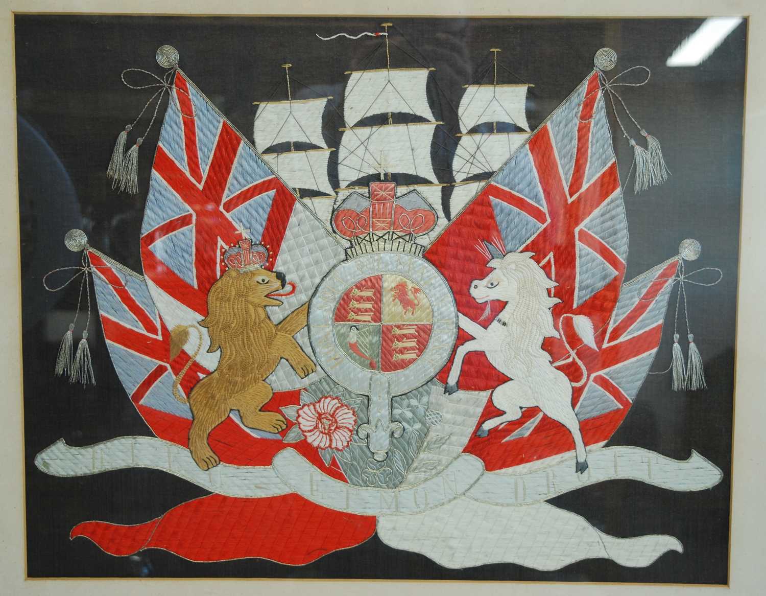 A WW I period silk embroidered panel, the central royal crest flanked by a lion and unicorn with - Image 2 of 2