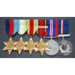 A group of six medals to include 1939-1945 Star, Atlantic Star, Africa Star, Burma Star with Pacific