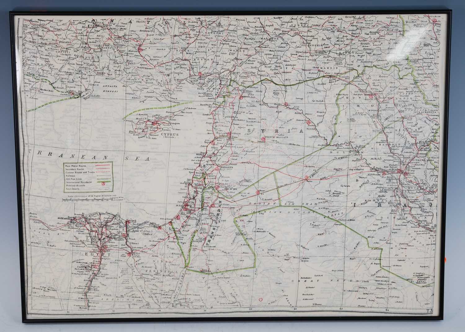 A WW II double sided silk map of North Africa, scale 1:3,000.000 or 47.34 English miles to an