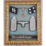 A framed display of items relating to The 17th SS Panzergrenadier Division, to include Totenkopf,