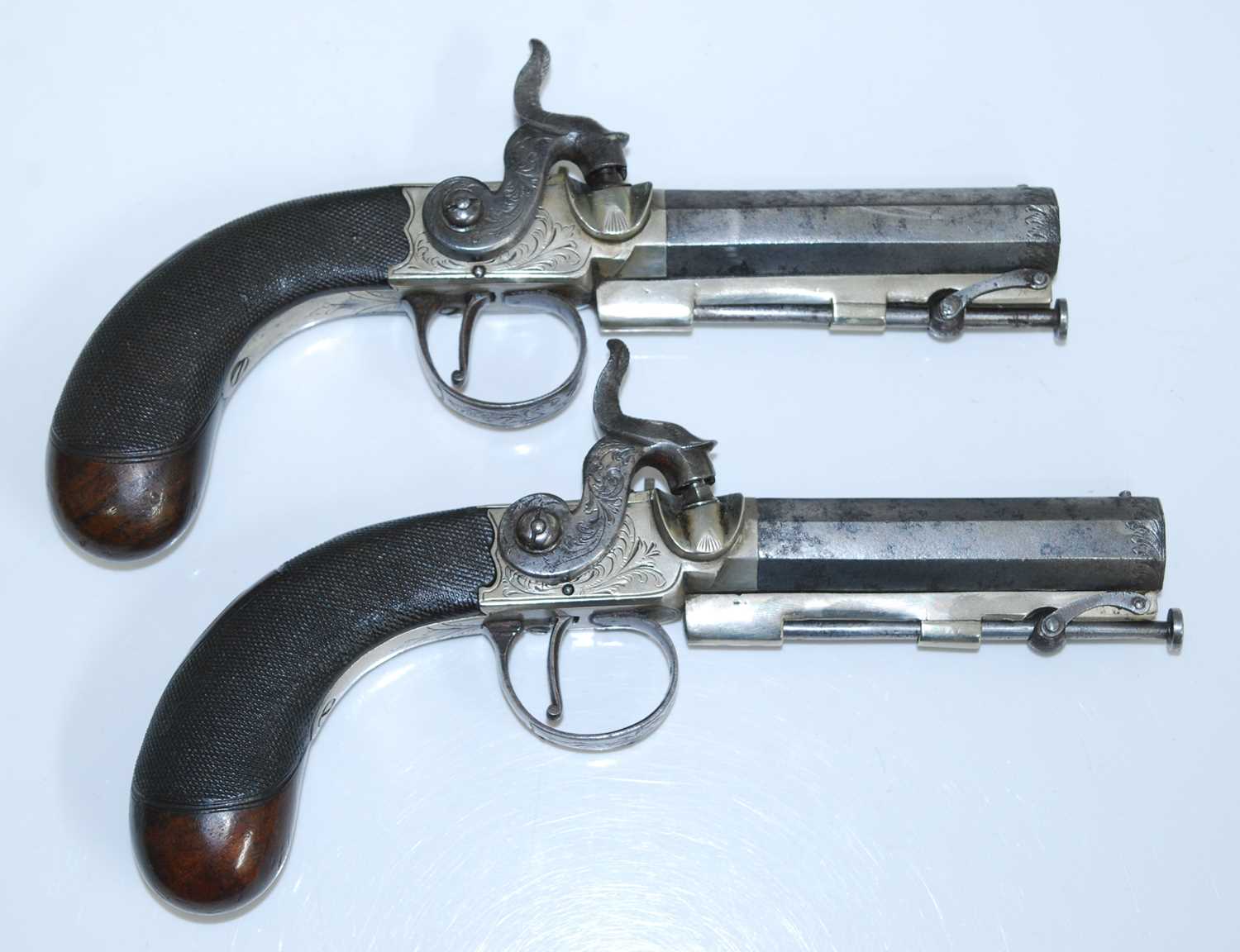 Calderwood of Dublin, a pair of 19th century percussion pocket pistols, each having an 8cm sighted - Image 2 of 12