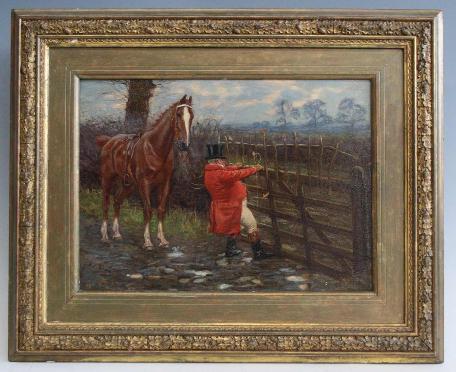 Richard Henry Brock, (1871-1943), Huntsman and horse before a gate, oil on panel, signed lower left, - Image 4 of 8
