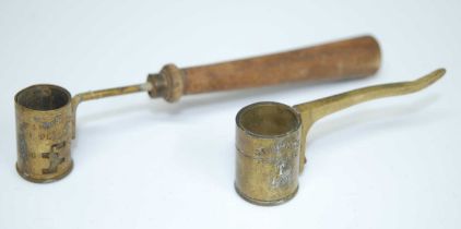 A 19th century French brass powder measure, on a turned wooden handle, 13cm, together with one other