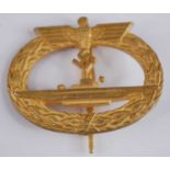 A German Kriegsmarine U-boat War badge, marked verso Frank & Reif Stuttgart. PLEASE SEE TERMS AND