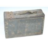 A green painted pine box, possibly used for Browning machine gun magazines.