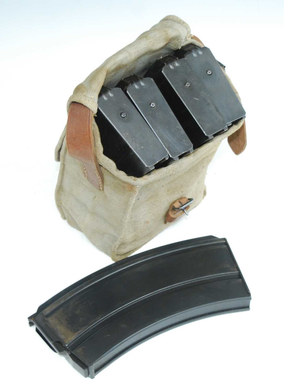 A WW II canvas and brown leather magazine pouch, containing five Bren gun magazines. - Image 2 of 2