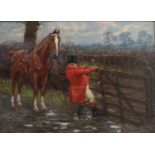 Richard Henry Brock, (1871-1943), Huntsman and horse before a gate, oil on panel, signed lower left,