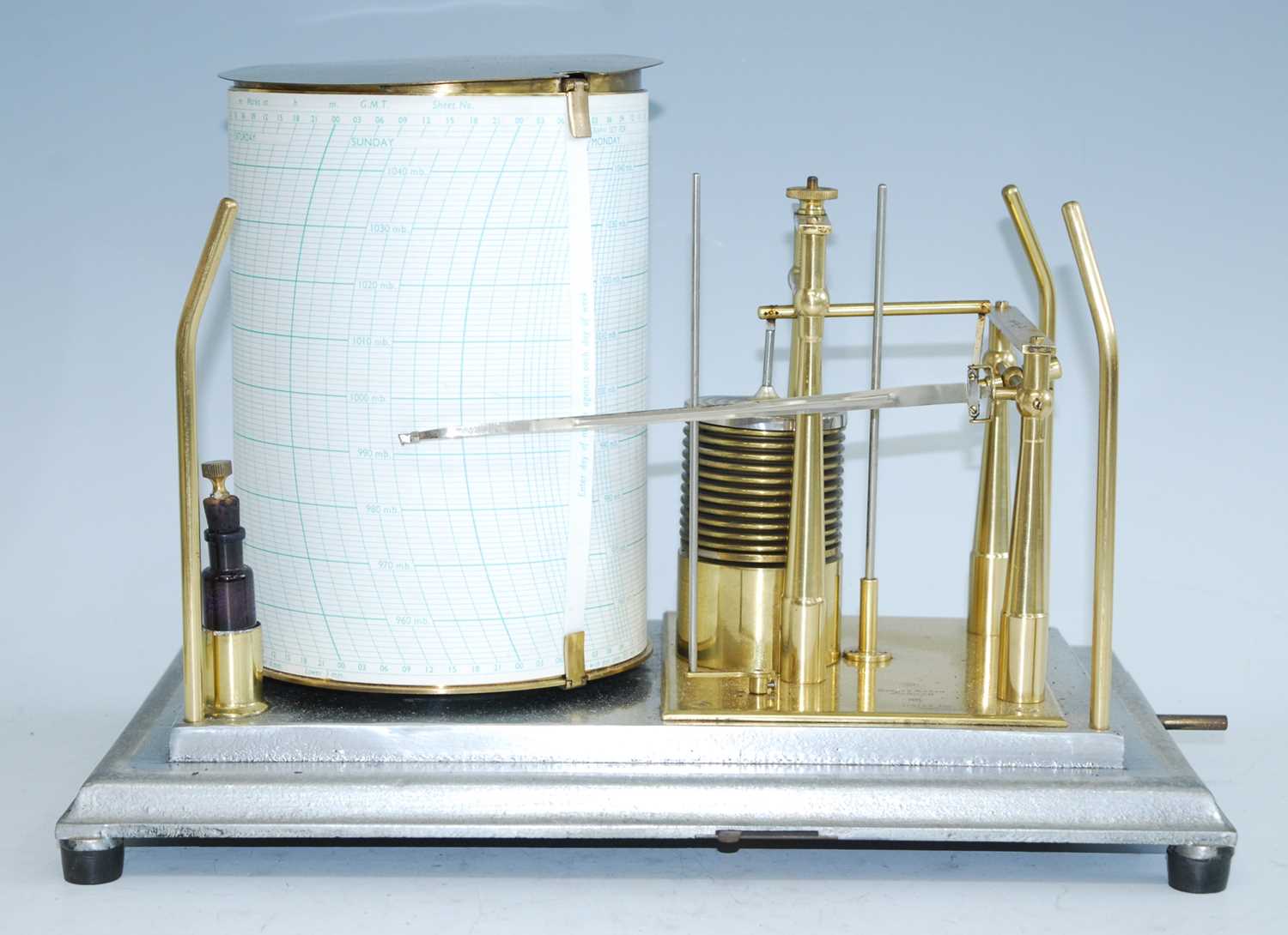 A mid-20th century marine barograph, having a clockwork drum and brass mechanism engraved to the - Bild 2 aus 5