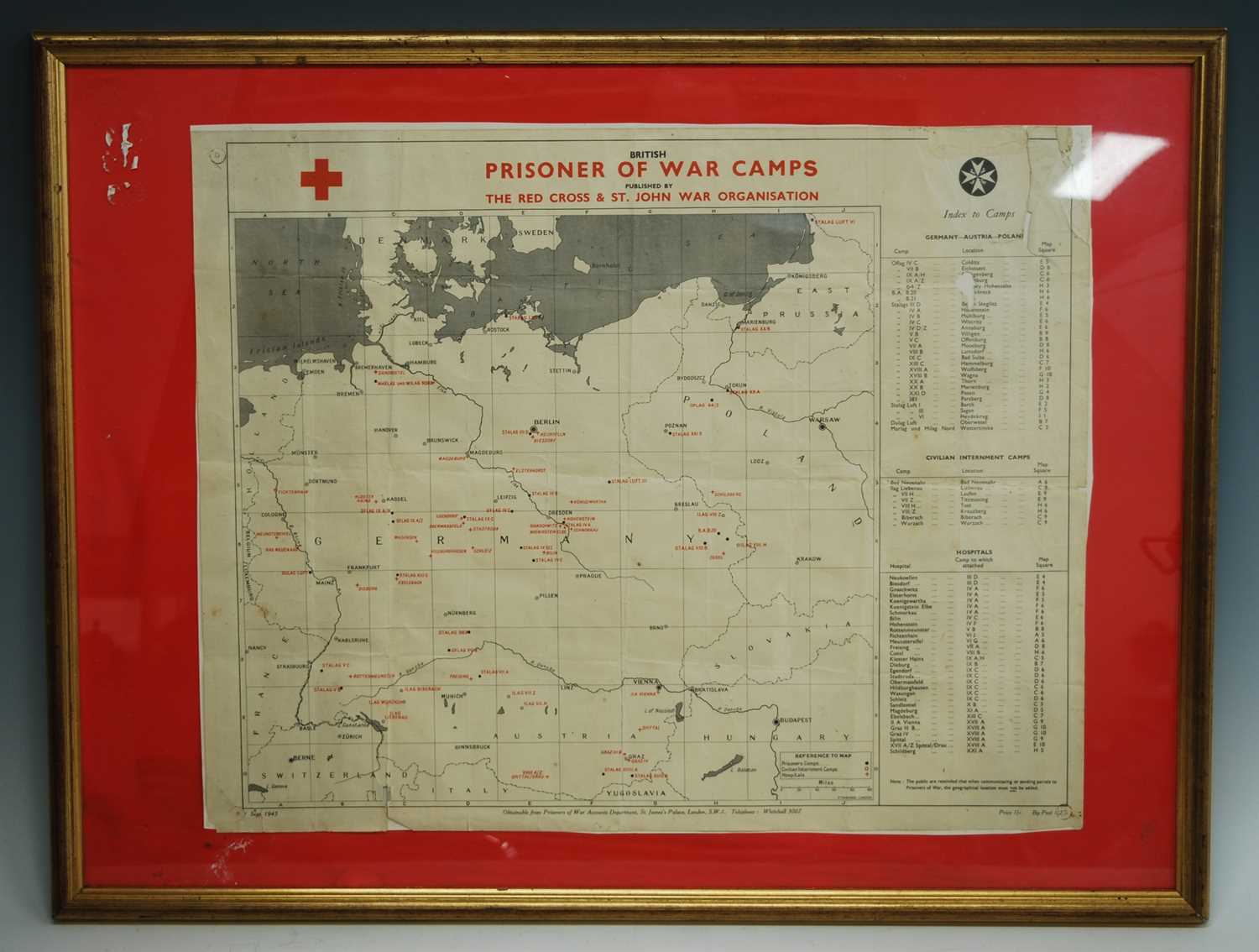 A WW II map of Northern Europe, British Prisoner of War Camps, Published by The Red Cross & St