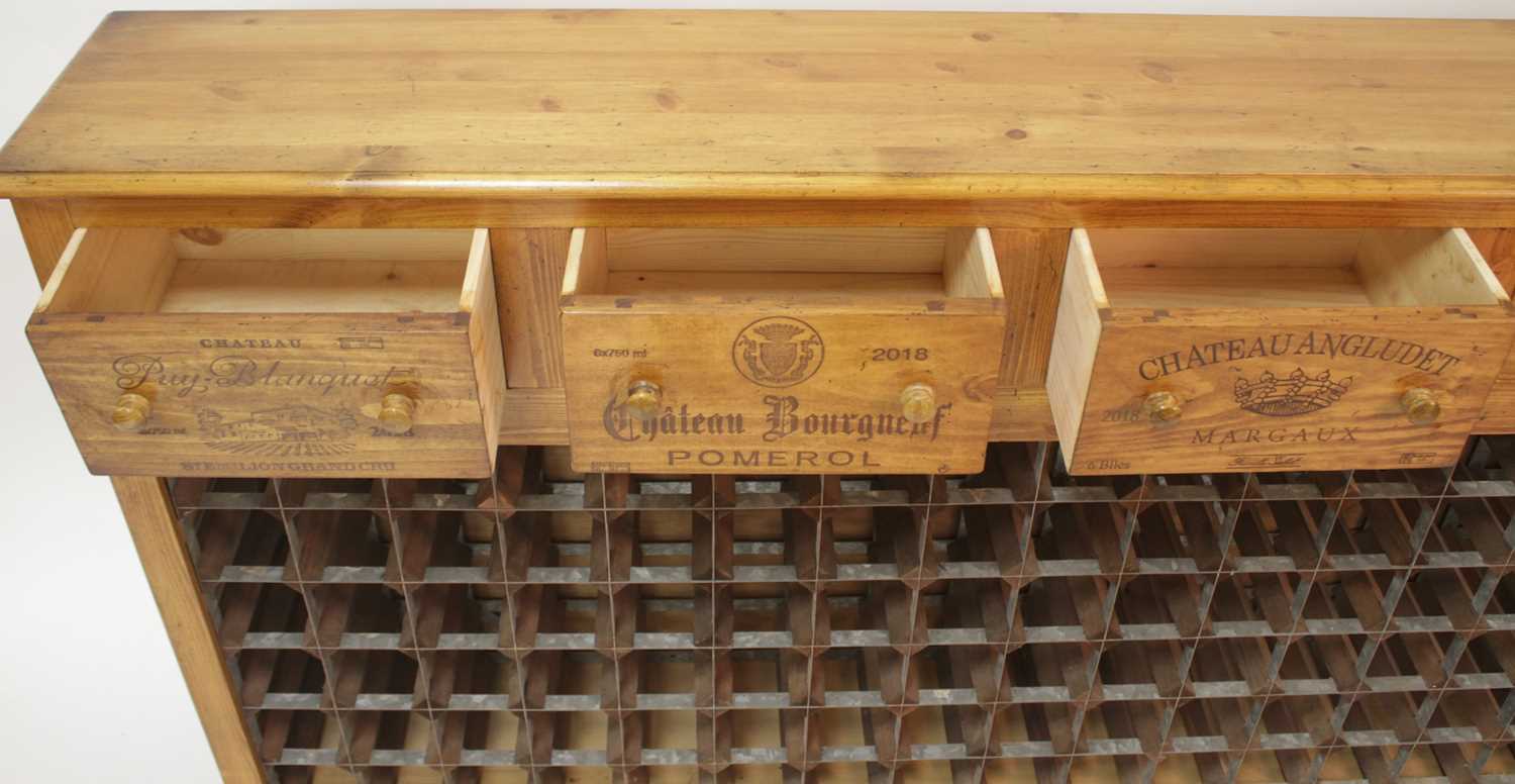 A hand-built pine wine rack, having three frieze drawers, each annotated with various Châteaux above - Image 2 of 3