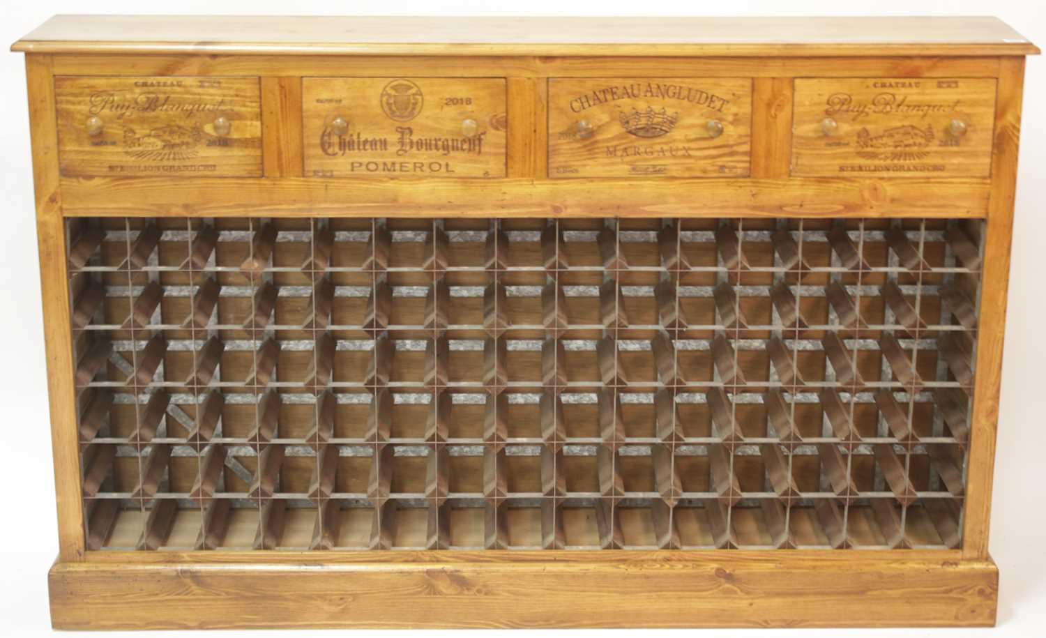 A hand-built pine wine rack, having three frieze drawers, each annotated with various Châteaux above