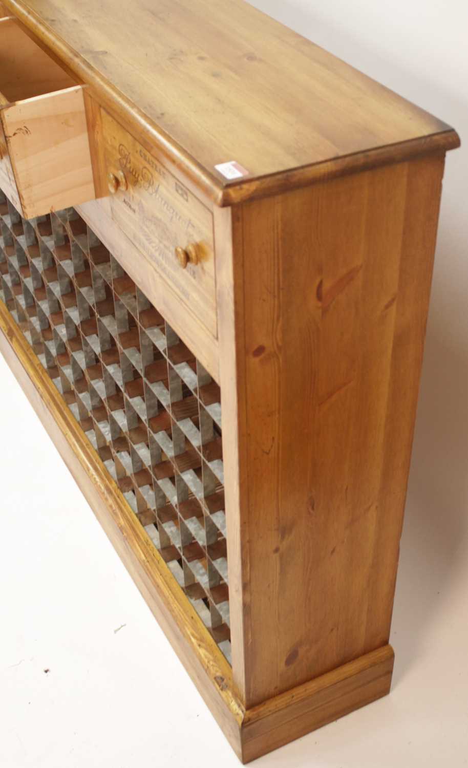 A hand-built pine wine rack, having three frieze drawers, each annotated with various Châteaux above - Image 3 of 3