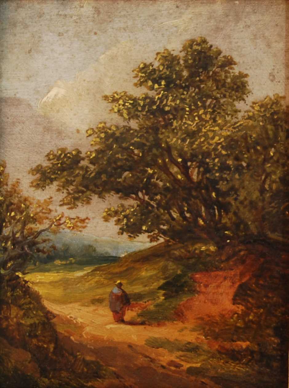 19th century East Anglian school - Lone traveller on a country lane, oil on panel, 15 x 11.5cm Panel