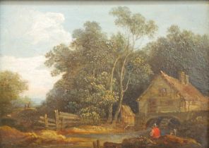 19th century East Anglian school - Watermill in a wooded landscape, oil on panel, 11.5 x 16cm
