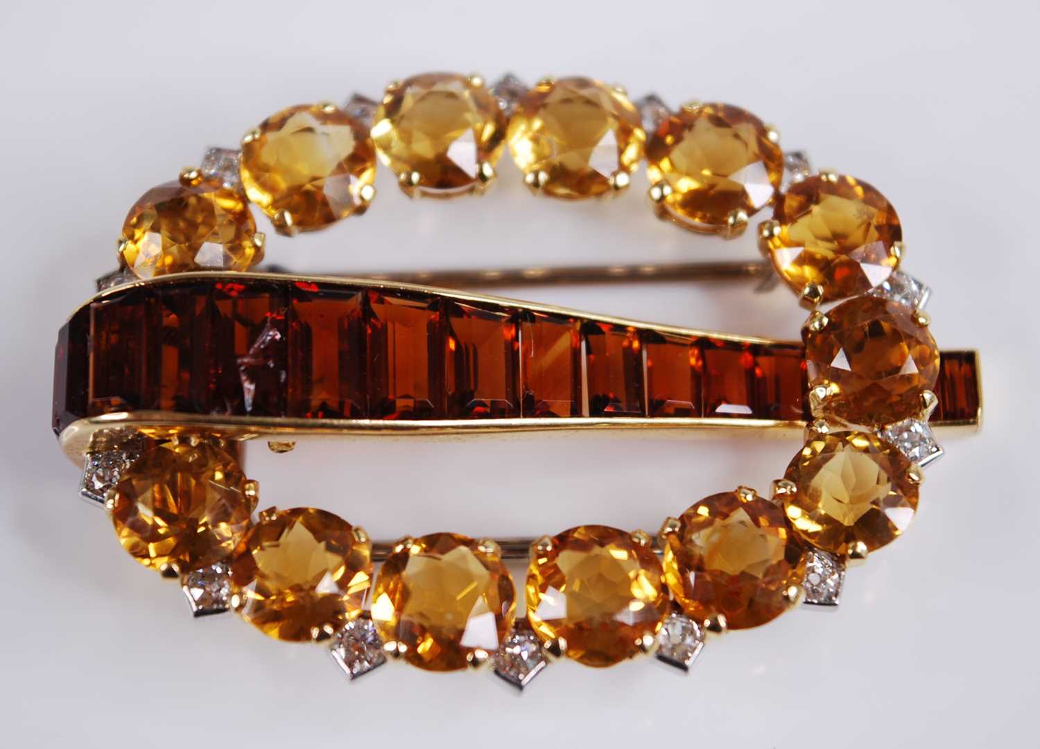 A yellow metal signed Cartier London citrine, topaz and diamond clip brooch, comprising a central - Image 3 of 11