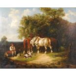 19th century East Anglian school - Farmhand at lunch with heavy horses and attendant dog, oil on