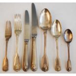 A William IV and later associated silver cutlery suite, in the Fiddle, Thread & Shell pattern,